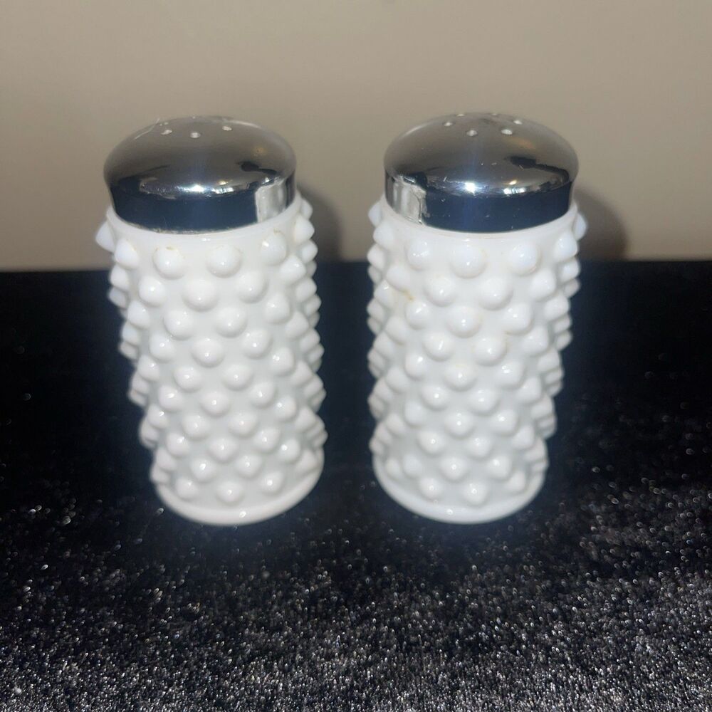 Vintage Hobnail Milk Glass Salt Pepper Shakers Silver Lids Fenton Style Set